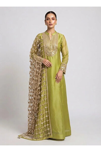 VİNY Olive Mirror Work Embellished Anarkali Dress with Dupatta – Women's Indi...