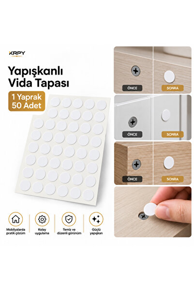 KRPY Yapışkanlı Vida Tapası Beyaz Vida Gizleme Tıpası 1 Yaprak 50 Adet