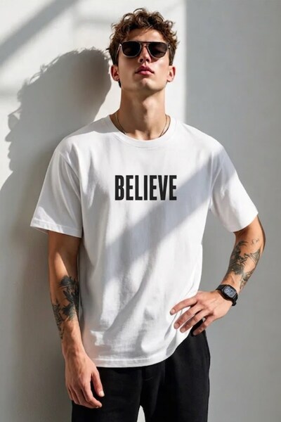 GIA - ART Men's Oversize T-Shirt Believe Printed White – Crew Neck, Comfortab...