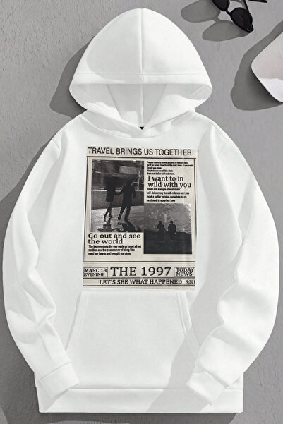 K KOZZ STYLE Unisex 3 Thread Cotton White The1997 Newspaper Print Loose Fit Φ...