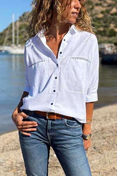 Güneşkızı White Pocketed Striped Garnished Cotton Casual Woven Shirt 50 70