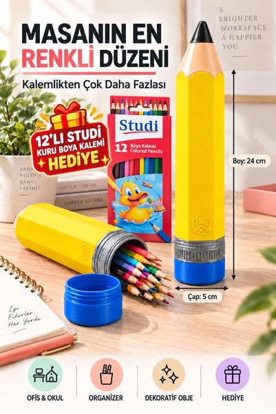 3D Kalem Şeklinde Dev Kalemlik & Kalem Kutusu - Masa Üstü Kalem Düzenleyici & Organizer - Okula Dönüş Hediyesi - Okul & Ofis - Kırtasiye - Karne Hediye