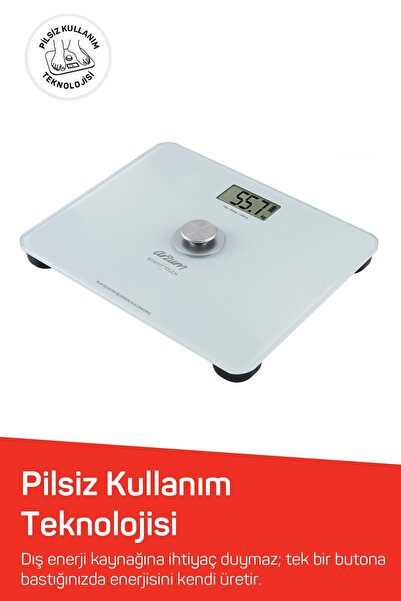 ROYALGROSS Arzum AR5126 Stayfit Touch Cam Beyaz Baskül, Pilsiz Kullanım, 180 Kg’a Kadar Ölçüm Kapasitesi, Beyaz