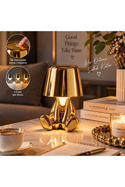 ARVALE Gold Oturan Adam Figürlü Dokunmatik Dekoratif Masa Lambası – 3 Işık Mo...