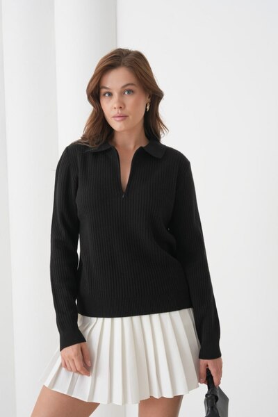 Noi Belis Polo Collar Half Zipper Long Sleeve Ribbed Knit Sweater Aw26Kz00065