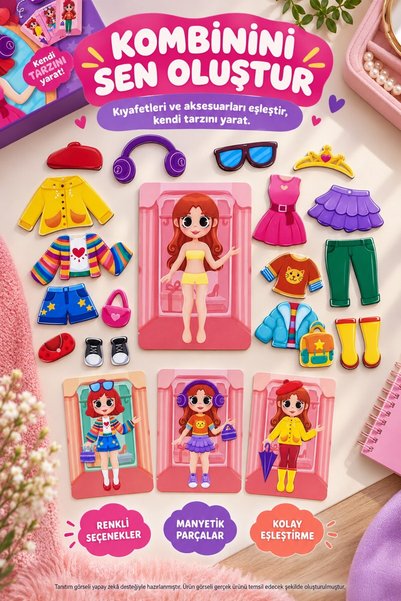 TOYFEST Manyetik Kıyafet Giydirme Oyunu Kız Çocuk Çift Taraflı 10 Kartlı Eğitici Aktivite Seti - 51 PARçA
