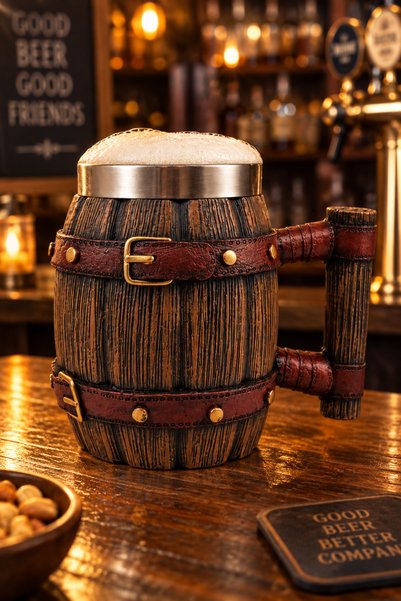 MINDA Fıçı Bira Bardağı | Varil Tema Kemer Detaylı Bira Kupası 600 ml