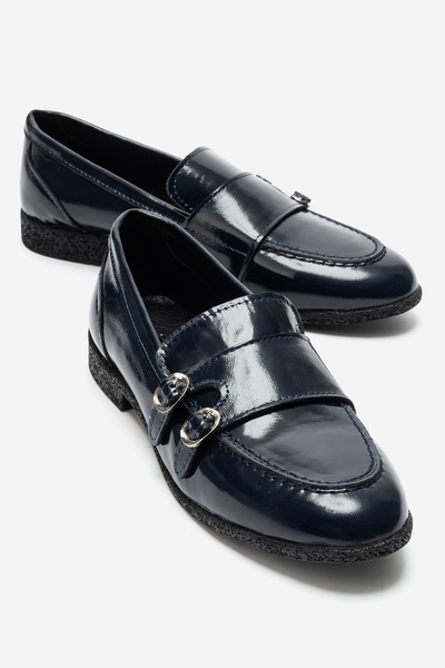 LuviShoes Γυναικεία Loafer Παπούτσια DALY Navy Blue με ζαρωμένο λουστρίνι και...