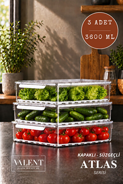 VALENT Atlas 3'lü 3600ML Süzgeçli Kapaklı Saklama Kabı Buzdolabı Düzenleyici ...