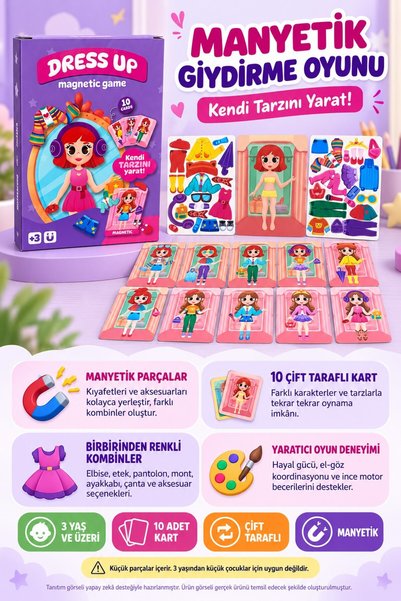 TOYFEST Manyetik Kıyafet Giydirme Oyunu Kız Çocuk Çift Taraflı 10 Kartlı Eğitici Aktivite Seti - 51 PARçA