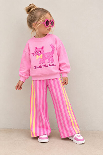 Mono Kids Kız Çocuk Pembe Kedili Sweatshirt ve Çizgili Bol Paça Eşofman Altı ...