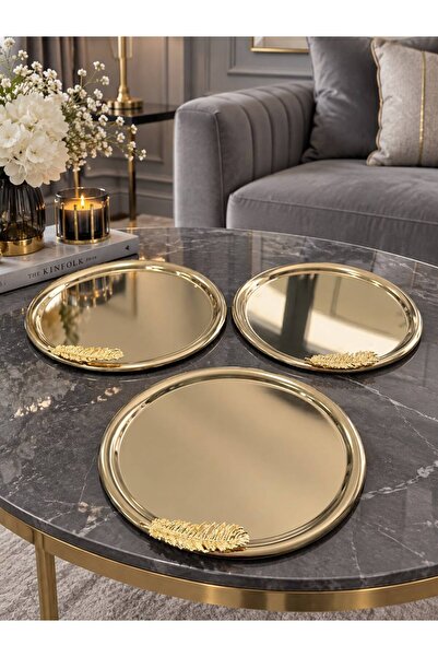 Aslı Hediyelik 3-Piece Gold Feather Detailed Round Presentation Tray for Tea,...