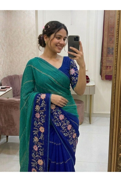 MYSMAR Blue & Teal Dual-Toned Saree with Floral Embroidery - KTS9706 | Blue &...
