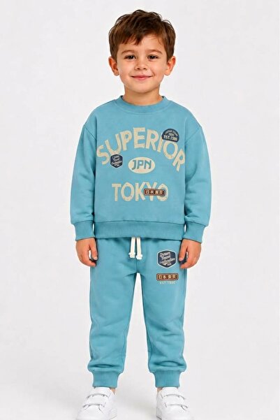 AHENGİM Boy's Superior Tokyo Printed 2-Piece Tracksuit Set Casual Cotton Bott...