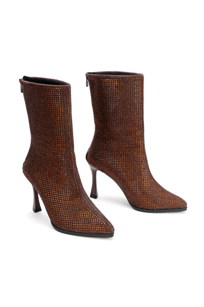 Akçetin Moda Women's Thin Heel Pointed Toe Zippered Stone Boots