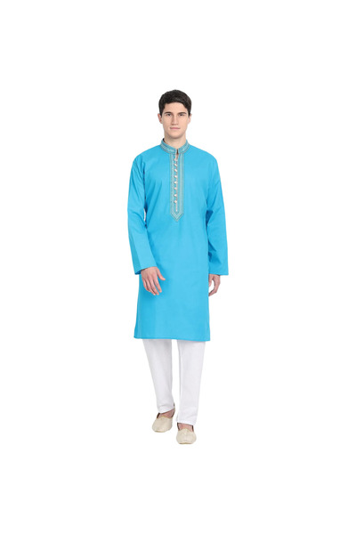 OtherMax Set Kurta Pyjama Indian pentru Bărbați din Bumbac Elegant Turcoaz S ...