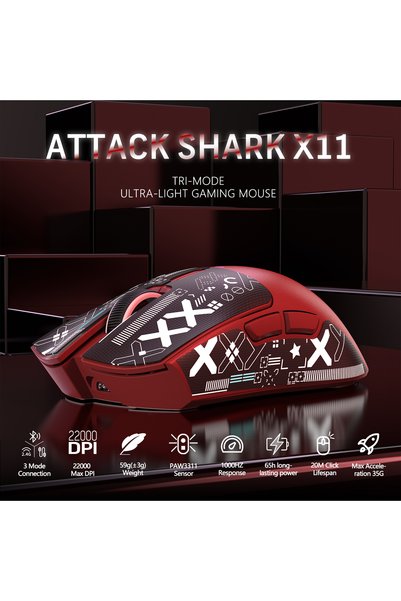 Attack Shark X11 Gaming Mouse with Magnetic Charging Dock, PixArt PAW3311 Gaming Sensor, BT/2.4G Wireless/Wired