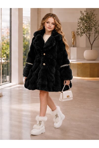 By Feyza Kids Collection Kız Çocuk 3lü Kışlık Takım Kalın Kürk Kaban Triko Gö...