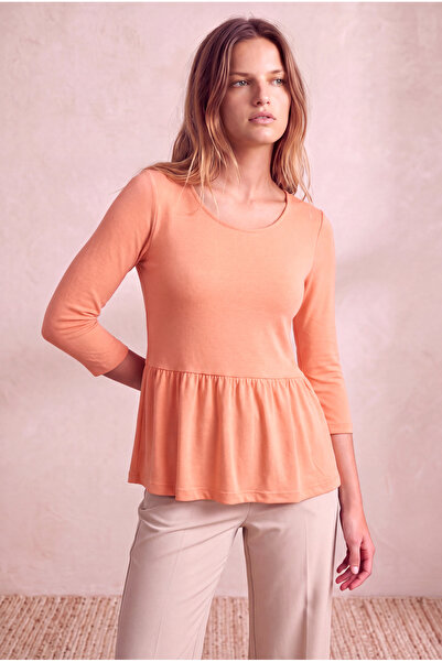 WESTMARK LONDON Women's Peach 3/4 Sleeve Crew Neck Skirt Gathered Blouse Esther