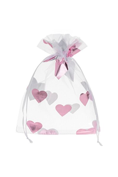 OEM Saculet Organza Alb cu Inimi Roz din Folie 15x20cm