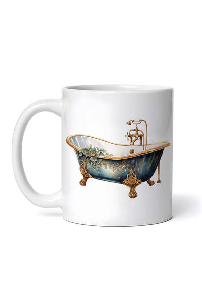 INOVATIX Personalized white mug, Vintage blue bathtub with green leaves, INOV...