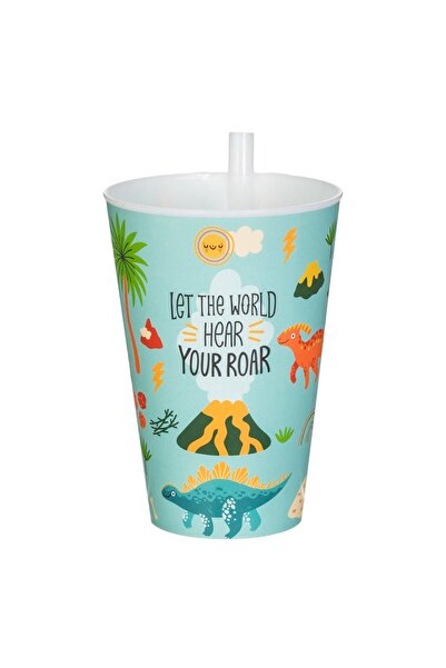 OEM Plastic Cup with Built-in Straw Mint Green Dinosaurs 400ml