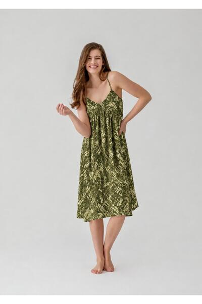 Nouche Forest Green Snake Pattern Women's Strappy Relaxed Fit Viscose Dress