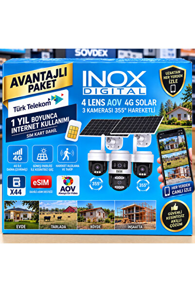 inox X44 4 Lens AOV 4G Solar Güvenlik Kamerası – 3 Kameralı 355° Hareketli, e...