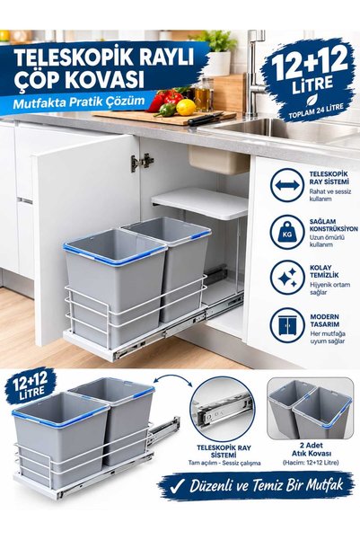 ÇAĞDAŞ Beymes MODERNO Gri 12+12 Litre Teleskopik Raylı Çöp Kovası