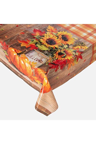 OEM Fata de Masa din Plastic Maro cu Flori Portocalii de Toamna 180x120cm