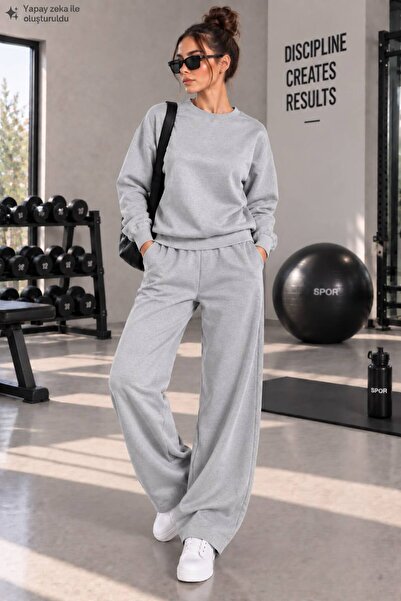 caddekombin Women's Plain Cotton Crew Neck Wide Leg Women's Two-Piece Tracksu...