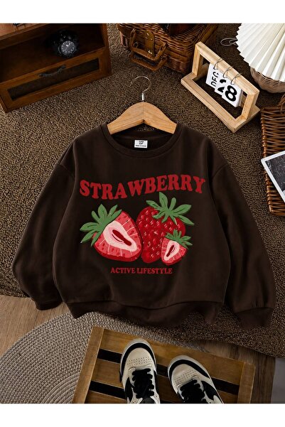 BENROMA 3 Yarn Combed Cotton Strawberry Printed Unisex Children's Crewneck Sw...