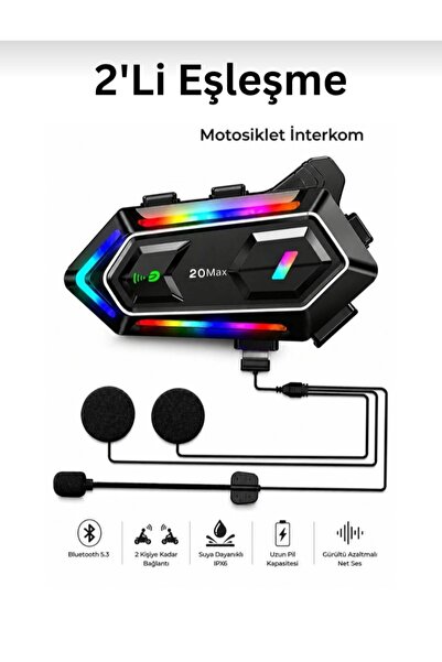 Y20MAX Çiftli Motosiklet Kask Intercom Kulaklığı Bluetooth 6.0 300M RGB Işıklı IPX6 Su Geçirmez 1000mAh
