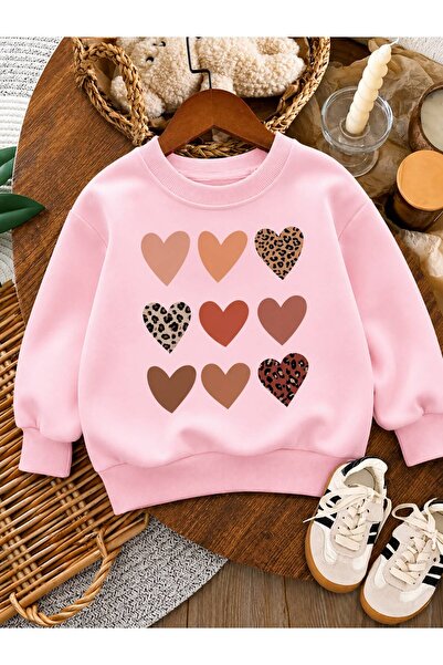 BENROMA 3 Yarn Combed Cotton Hearts Printed Unisex Children's Crewneck Sweat Qa5