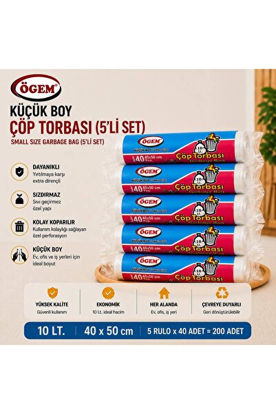 Ögem Küçük Boy Çöp Torbası 40x50 cm 10 Lt Rulo İçi 40 Adet 5'li Rulo Set 200 ...