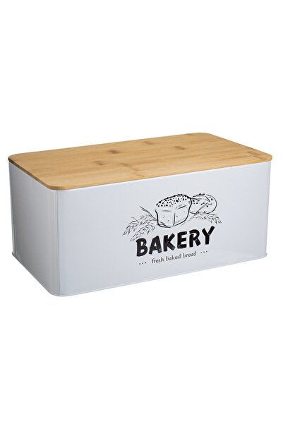 OEM Rectangular White Metal Biscuit Box with Wooden Lid "Bakery" 31x17x13.5cm
