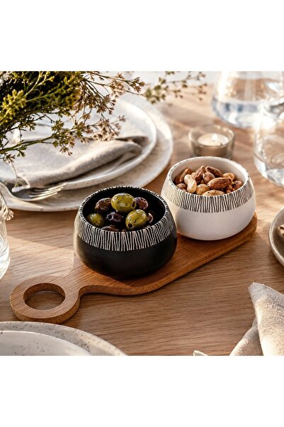 OEM Bamboo Appetizer Platter with 2 Compartments & Ceramic Bowls 27.5x10x6cm