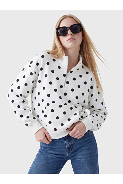 LC Waikiki Peak New Season Ecru Polka Dot Oversize Women's Thick Sweatshirt