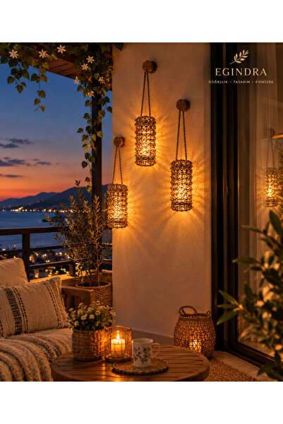 Egindra hasır örgü balkon aksesuarı led ışıklı hasır fener mumluk bohem tarz ...