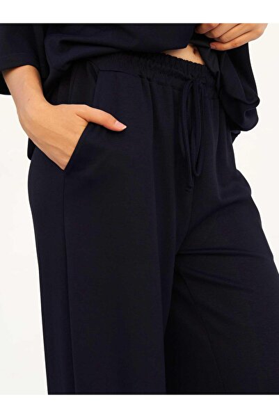 Moda Days Women's Navy Blue Trousers, Elastic Waist, Lace-Up, Side Pockets, W...