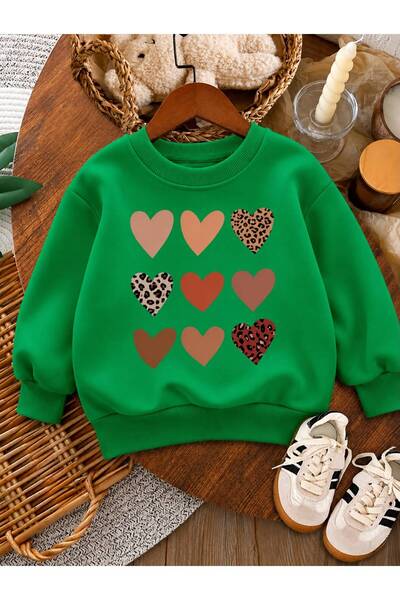 BENROMA 3 Yarn Combed Cotton Hearts Printed Unisex Children's Crewneck Sweat Qa5