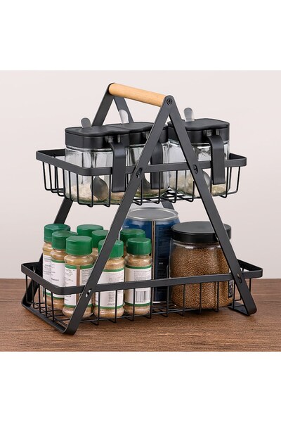 OEM 2-Tier Black Metal Shelf & Wooden Handle 22x14x26cm