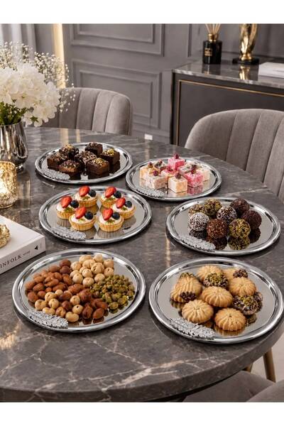 Aslı Hediyelik 6-Piece Silver Feather Detailed Round Presentation Tray for Te...