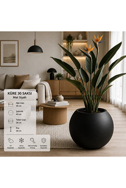 ZEVLİ Modern Saksı Küre Şekilli İçlik Hediyeli 27’5 litre Beton Dokulu