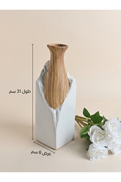 Adeem فازة سيراميك ابيض*لون خشبى بعنق مقاس 31*6