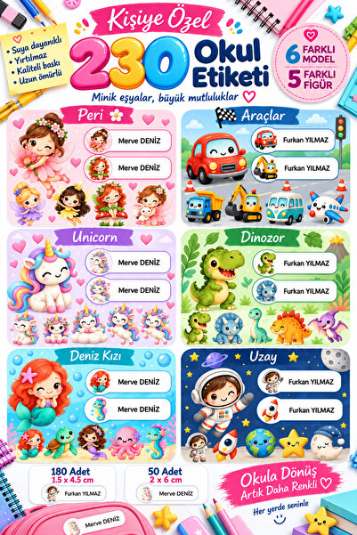 Kişiye Özel 230 Adet Okul Etiketi – 6 Model, 5 Farklı Figür (Peri, Unicorn, Deniz Kızı, Araçlar, Dinozor, Uzay)