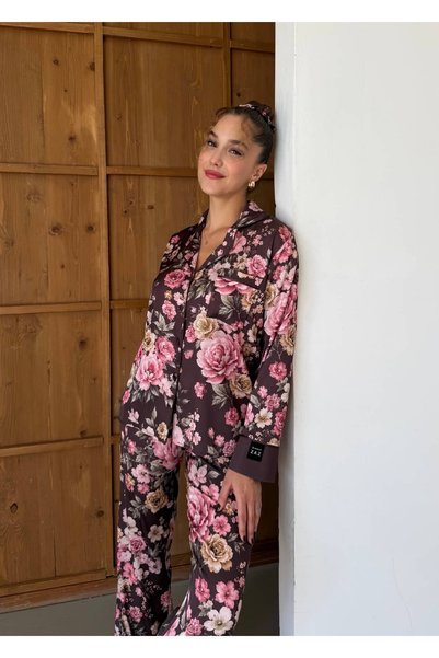 Brunde De Rose Saten Uzun Kollu Pijama Takımı