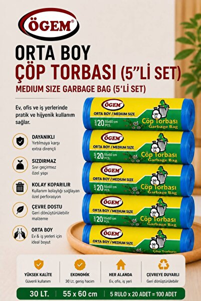 Ögem Orta Boy Mavi Çöp Torbası 55x60 cm 30 Lt Rulo İçi 20 Adet 5'li Rulo Set ...
