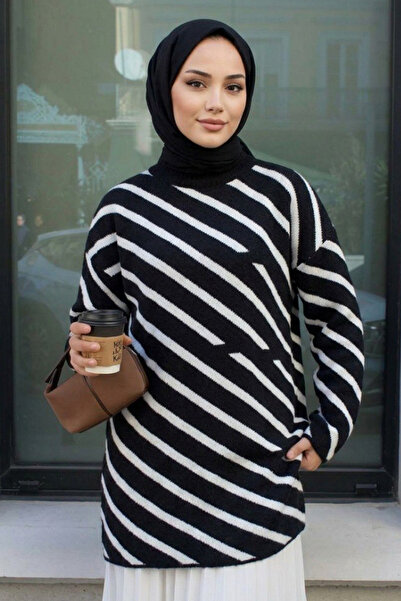 N.S NEVA STYLE Stripe Patterned Black Hijab Knitwear Tunic 80021S