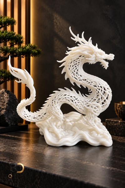3DOria 3D Baskı Beyaz Gold Ejderha Biblo Dekoratif Heykel Ejderha Figürü Fant...